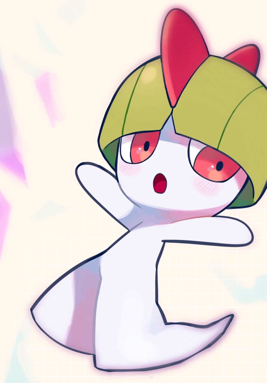 :o bangs blunt_bangs blush chirosamu colored_skin commentary green_hair highres open_mouth outstretched_arms pokemon pokemon_(creature) ralts red_eyes sideways_glance solo symbol-only_commentary tongue white_skin