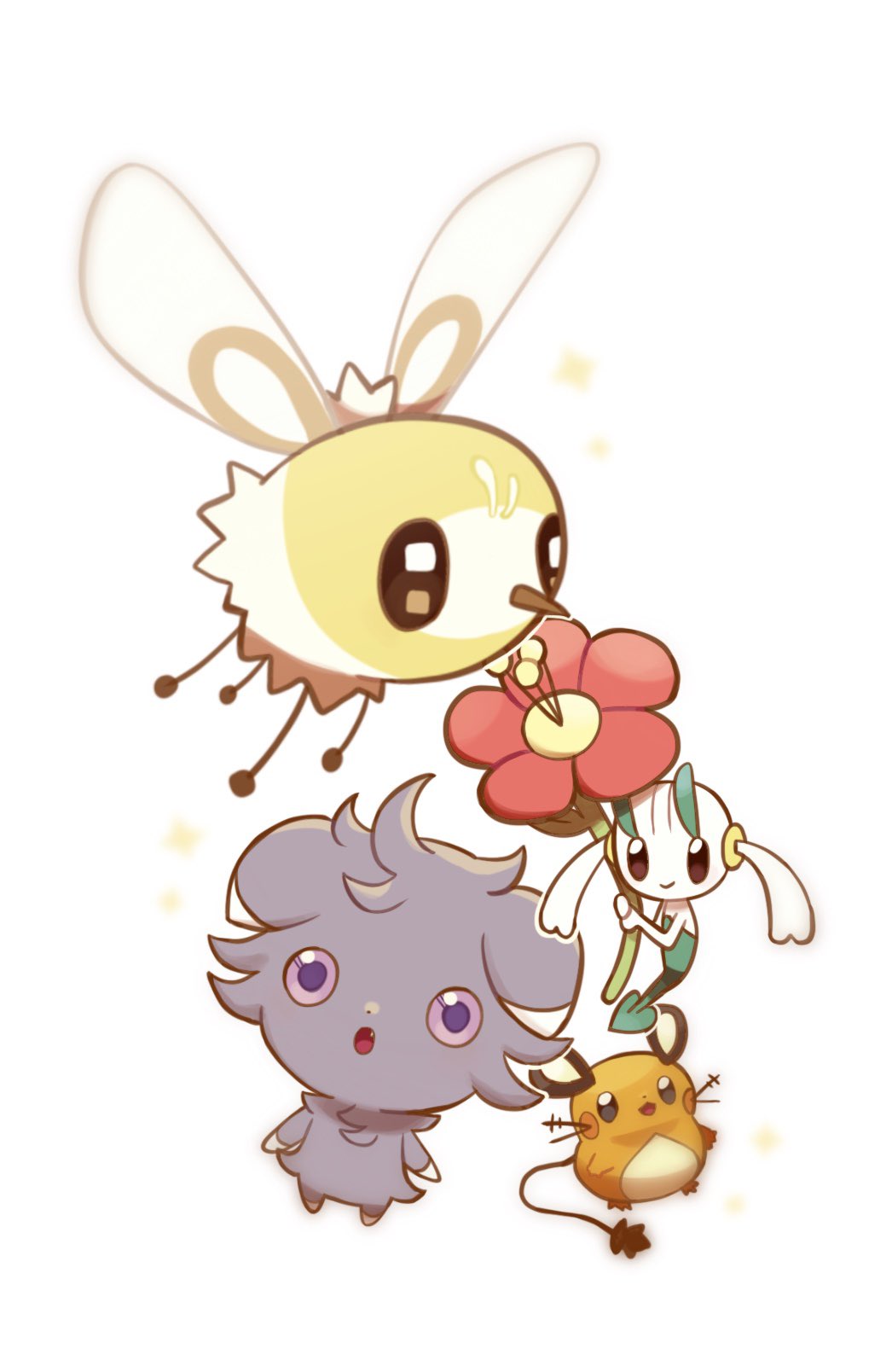 :o brown_eyes chirosamu closed_mouth commentary_request cutiefly dedenne espurr floette floette_(red) flower highres holding holding_flower looking_up no_humans pokemon pokemon_(creature) red_flower smile sparkle