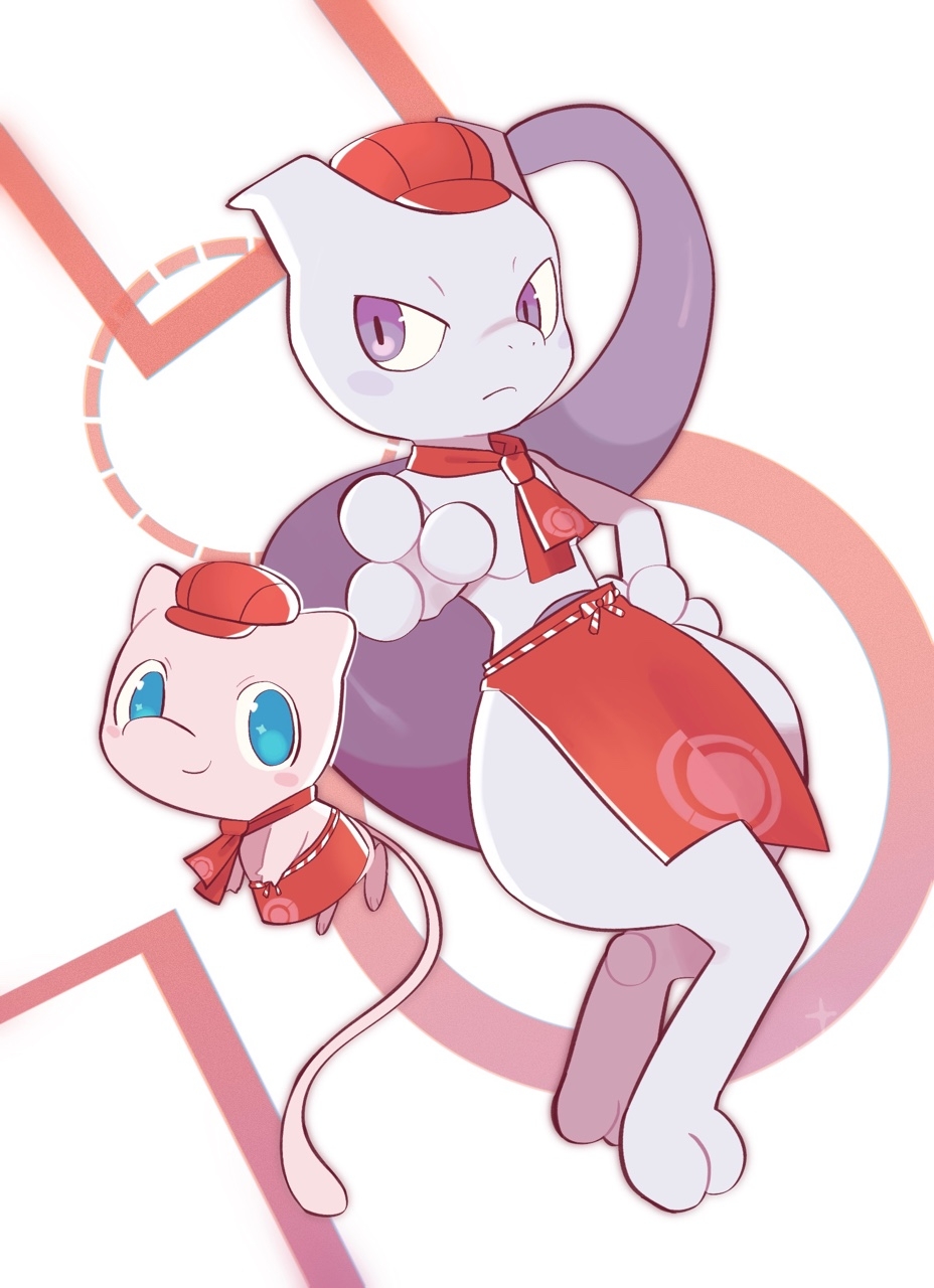 apron aqua_eyes blush_stickers chirosamu closed_mouth commentary frown hand_on_hip hat hatted_pokemon highres mew mewtwo poke_ball_print pokemon pokemon_cafe_mix purple_eyes red_headwear smile symbol-only_commentary waist_apron