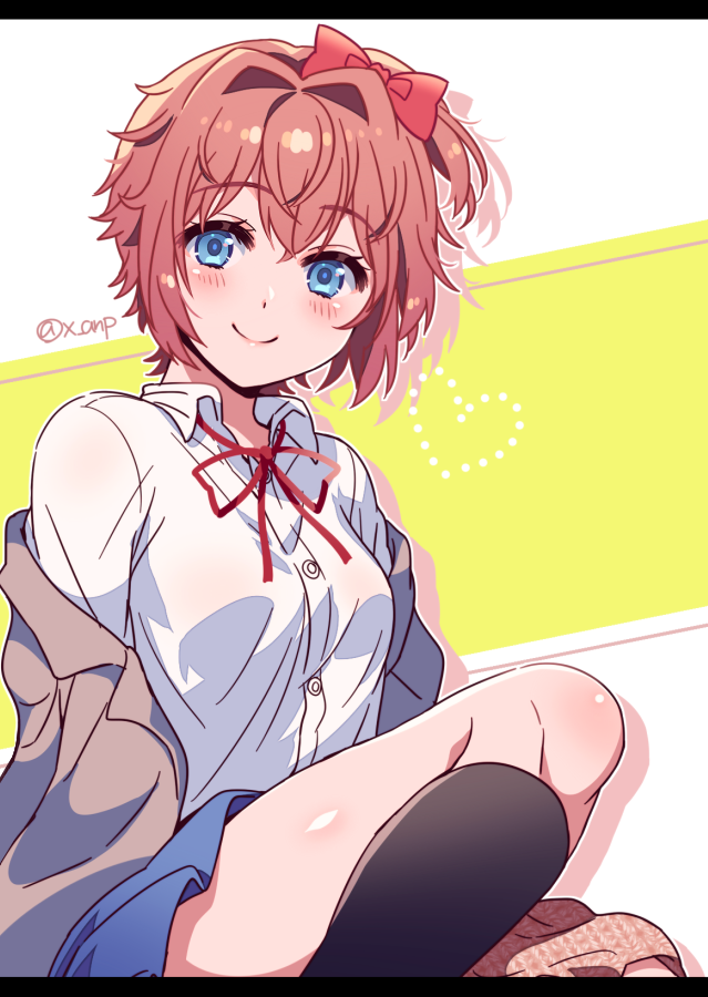 aicedrop blue_eyes blush bow breasts brown_hair doki_doki_literature_club light_smile red_bow sayori_(doki_doki_literature_club) school_uniform short_hair small_breasts smile