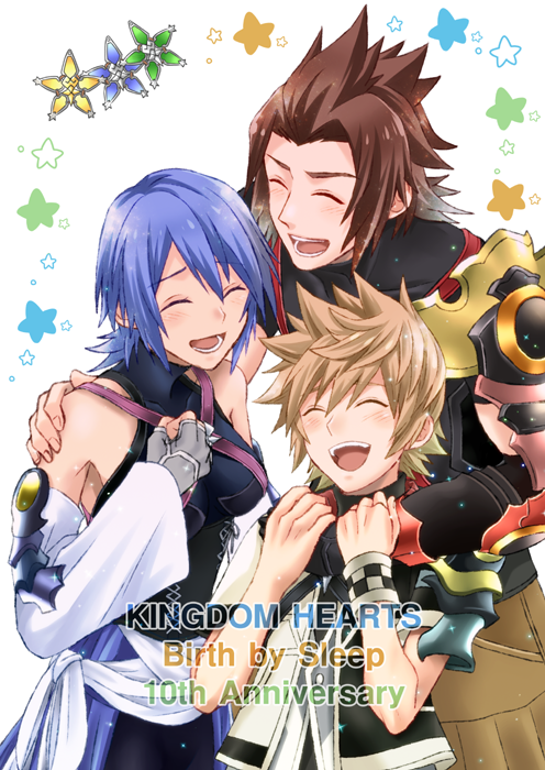 1girl 2boys aqua_(kingdom_hearts) arm_around_neck arm_around_shoulder armor bangs bare_shoulders black_gloves black_shirt blush breasts brown_pants checkered_wristband chest_strap closed_eyes detached_sleeves fingerless_gloves gloves grey_gloves group_hug hair_between_eyes hair_slicked_back halterneck hand_on_another's_shoulder hand_on_own_chest hug jacket kingdom_hearts kingdom_hearts_birth_by_sleep laughing lower_teeth medium_breasts medium_hair multiple_boys open_mouth pants paopu_fruit parted_bangs saklo shirt short_hair short_sleeves shoulder_armor sleeveless sleeveless_shirt smile spiked_hair teeth terra_(kingdom_hearts) turtleneck upper_body upper_teeth ventus_(kingdom_hearts) waist_sash white_background white_jacket white_sleeves wide_sleeves wristband