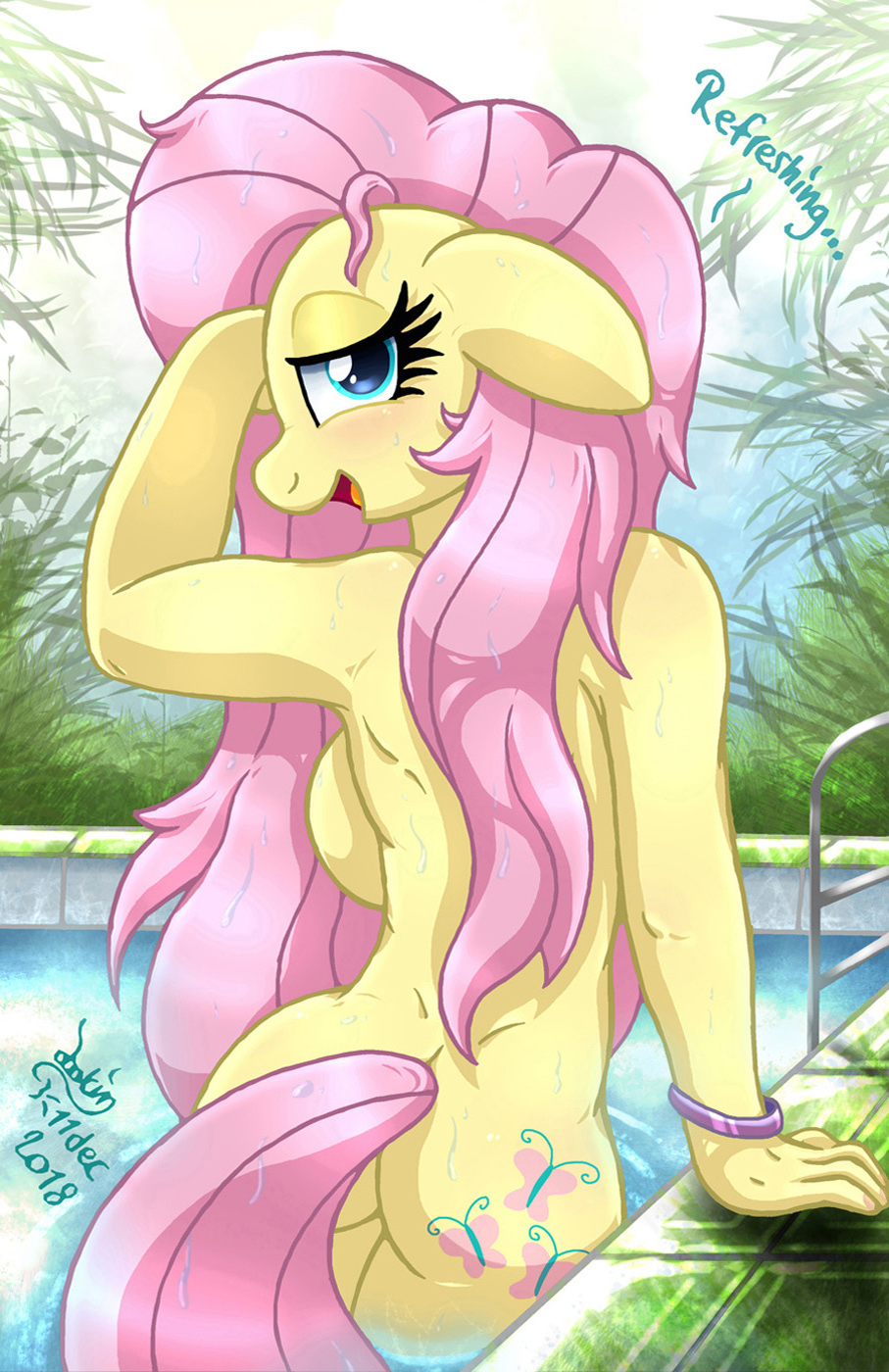 anthro back_boob bedroom_eyes big_breasts blush bracelet breasts cutie_mark dialogue english_text equid equine female fluttershy_(mlp) friendship_is_magic hasbro hi_res jewelry joakaha looking_at_viewer looking_back mammal my_little_pony narrowed_eyes nude partially_submerged pegasus seductive solo swimming_pool text wet wings