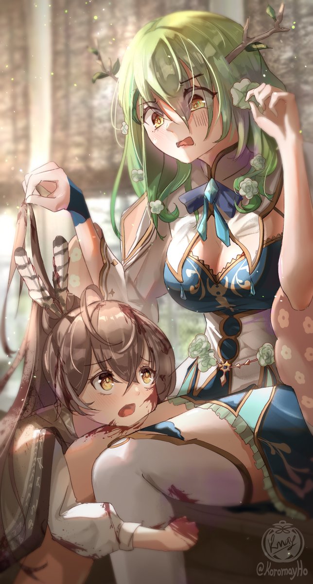 2girls ahoge antlers asymmetrical_legwear bangs blood blood_on_clothes blood_on_face blood_on_hands blurry branch brown_capelet brown_cloak brown_eyes brown_hair capelet ceres_fauna cloak depth_of_field disgust dress feather_hair_ornament feathers green_hair hair_ornament hair_over_one_eye hairclip hieroglyphics highres holding_another's_hair hololive hololive_english hugging_another's_leg koromay_ho light_particles long_hair mole mole_under_eye multicolored_hair multiple_girls nanashi_mumei open_mouth ponytail ribbon shirt single_thighhigh sitting streaked_hair thighhighs turn_pale very_long_hair virtual_youtuber white_shirt wide_sleeves yellow_eyes