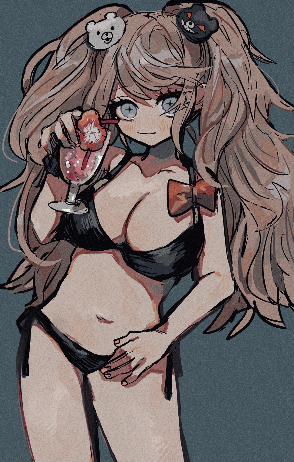 1girl asymmetrical_breasts bangs bear_hair_ornament bikini black_bikini blonde_hair bow breasts cleavage collarbone cowboy_shot danganronpa:_trigger_happy_havoc danganronpa_(series) danganronpa_s:_ultimate_summer_camp drinking_straw enoshima_junko flower green_background grey_eyes hair_ornament halterneck highres holding kara_aren large_breasts leaning_to_the_side long_hair looking_at_viewer nail_polish navel red_bow red_flower scrunchie side-tie_bikini_bottom solo stomach swimsuit twintails wrist_scrunchie