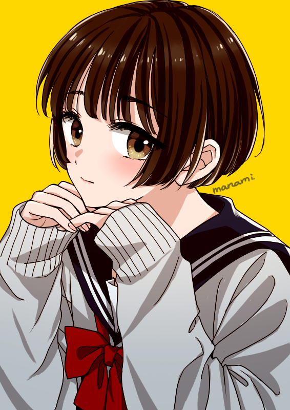 1girl bangs black_sailor_collar blush bow brown_eyes brown_hair cardigan closed_mouth commentary_request grey_cardigan hands_up looking_at_viewer original red_bow sailor_collar school_uniform serafuku shiny shiny_hair short_hair signature simple_background sleeves_past_wrists solo sugano_manami upper_body yellow_background