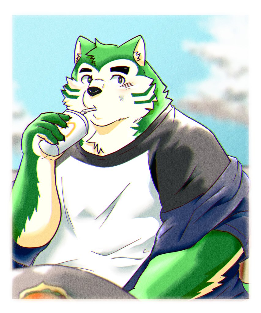 anthro beverage canid canine canis domestic_dog drinking eyebrows fur green_body green_fur kami469m lifewonders live-a-hero male mammal mokdai soda solo straw thick_eyebrows video_games