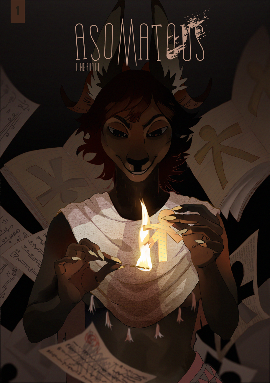 anthro biped brown_body brown_eyes brown_fur claws clothed clothing colored comic cover cover_art cover_page detailed_background female fire fur hair hi_res humanoid_hands inner_ear_fluff letter light lighting lingrimm looking_down match nails sahash short_hair signature smile solo solo_focus tuft