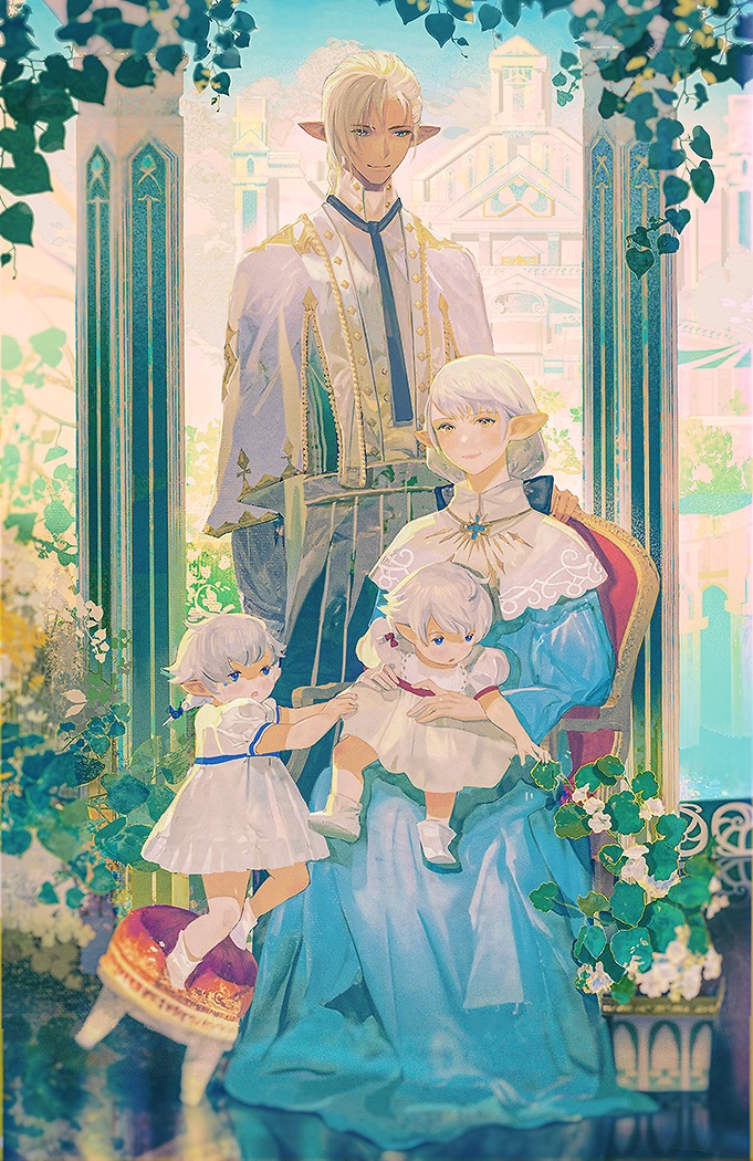 2boys 2girls :o aged_down ahoge alisaie_leveilleur alphinaud_leveilleur ameliance_leveilleur bangs blue_dress blue_eyes blue_sky braid braided_ponytail brother_and_sister building capelet cloud collared_capelet column day dress elezen elf family final_fantasy final_fantasy_xiv flower fourchenault_leveilleur hair_ribbon high_collar leaf looking_at_viewer low_ponytail medium_hair multiple_boys multiple_girls on_chair open_mouth pillar plant pointy_ears puffy_short_sleeves puffy_sleeves reaching reflective_floor ribbon robe short_ponytail short_sleeves siblings single_braid sitting sitting_on_lap sitting_on_person sky smile standing stool swept_bangs toddler twins white_capelet white_dress white_flower white_footwear white_hair yellow_eyes zxin