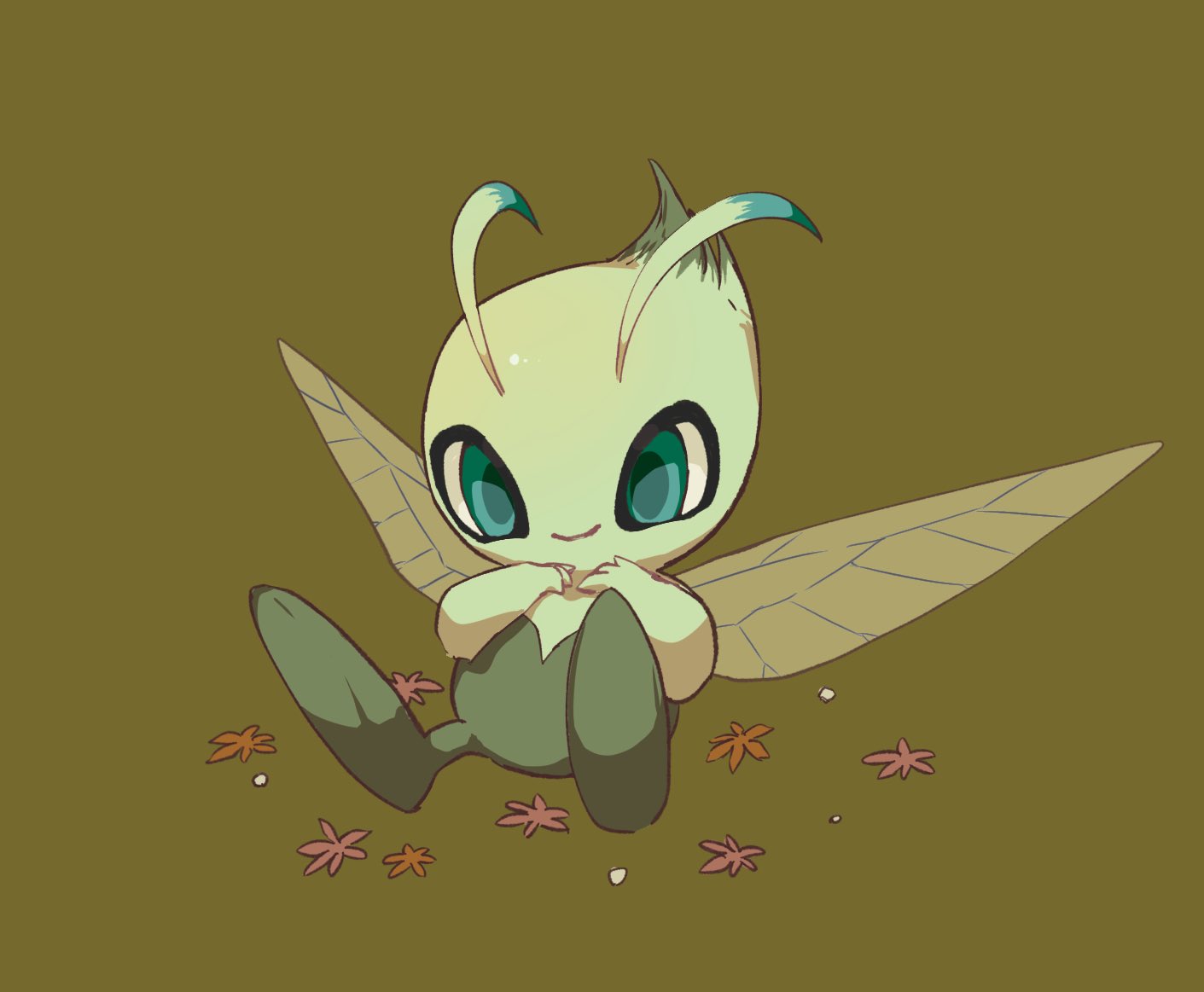 celebi closed_mouth commentary_request full_body green_eyes green_pupils leaf lying no_humans oimo_kenpi on_back pokemon pokemon_(creature) simple_background smile solo