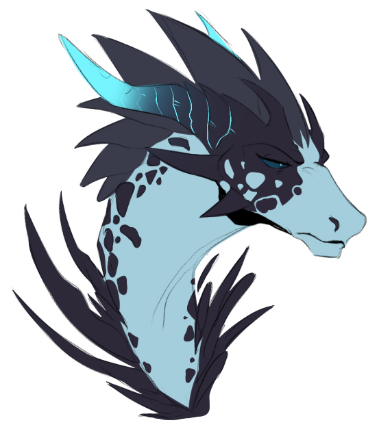 ambiguous_gender black_body black_horn black_spots blue_body blue_horn cheek_horn dragon feral glistening glistening_eyes horn kardinaluz long_neck mouth_closed narrowed_eyes ridged_horn scalie shadowwolfhunter simple_background solo spots spotted_neck unsigned white_background