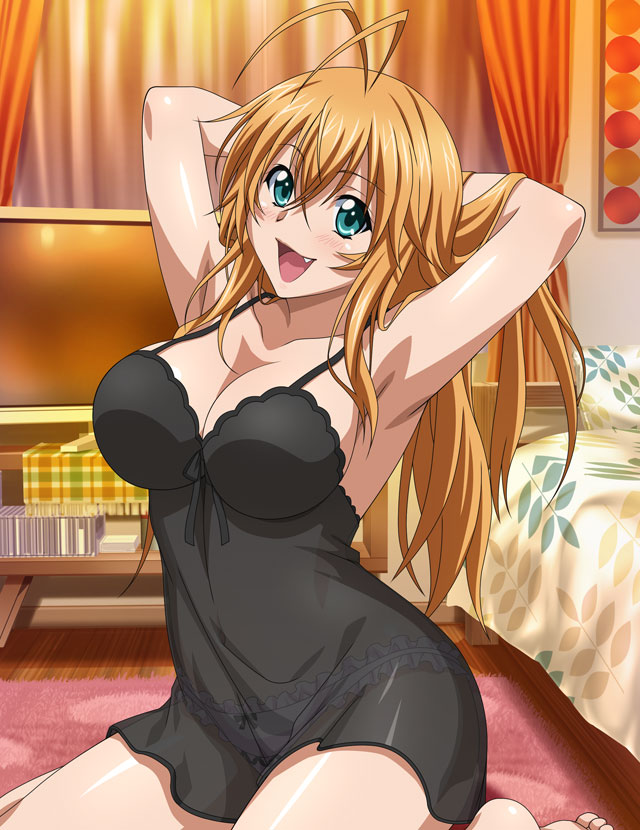 1girl :d antenna_hair aqua_eyes armpits bangs bare_arms barefoot bed bedroom black_dress blonde_hair collarbone dress fang floating_hair hair_between_eyes hands_in_hair ikkitousen long_hair nightgown open_mouth see-through see-through_dress shiny shiny_hair shiny_skin short_dress sitting sleepwear sleeveless sleeveless_dress smile solo sonsaku_hakufu straight_hair television very_long_hair wariza wooden_floor