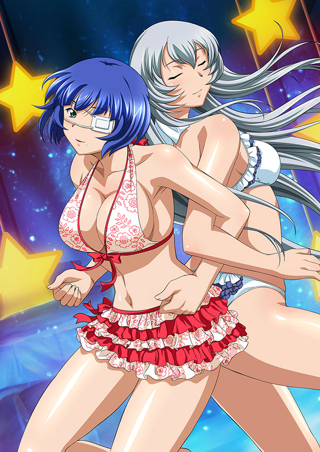 2girls back-to-back bare_arms bare_legs bikini blue_hair bow breasts chouun_shiryuu closed_eyes closed_mouth collarbone eyepatch facing_viewer floating_hair frilled_bikini frills front-tie_bikini_top front-tie_top green_eyes grey_hair halterneck ikkitousen kan'u_unchou locked_arms long_hair mole mole_under_mouth multiple_girls navel parted_lips red_bow shiny shiny_hair shiny_skin short_hair sideboob smile straight_hair swimsuit very_long_hair white_bikini