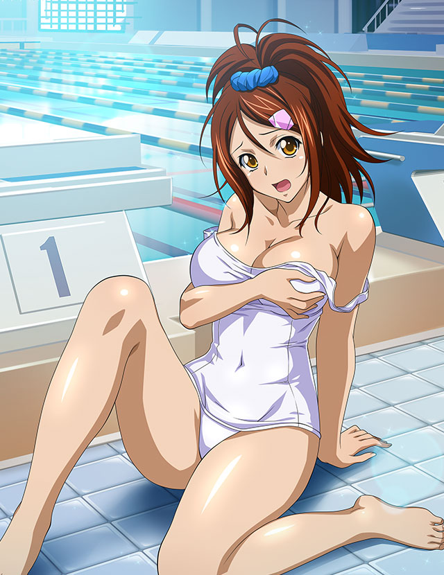 1girl arm_support bachou_mouki bangs bare_arms bare_legs barefoot blue_scrunchie breasts brown_eyes brown_hair cleavage clothes_pull collarbone covered_navel feet hair_between_eyes hair_ornament hair_scrunchie hairclip high_ponytail ikkitousen large_breasts legs long_hair looking_at_viewer one-piece_swimsuit one-piece_swimsuit_pull open_mouth poolside school_swimsuit scrunchie shiny shiny_hair sitting solo swimsuit toes white_one-piece_swimsuit