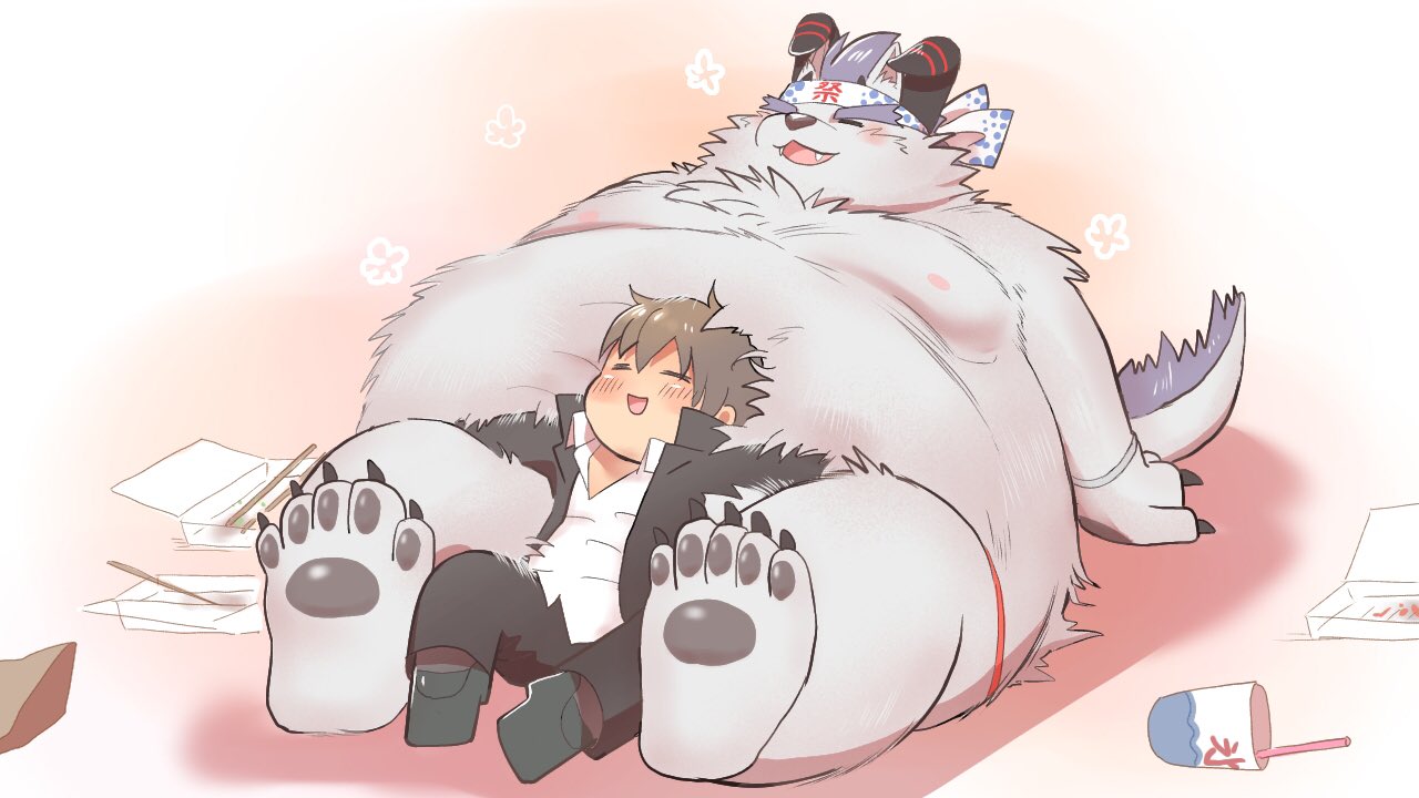 16:9 anthro behemoth_(housamo) belly big_belly brown_hair duo fluffy fur hair horn human lifewonders male male/male mammal monster overweight pawpads protagonist_(tas) rorondo4 tokyo_afterschool_summoners twink_protagonist_(tas) video_games white_body white_fur widescreen