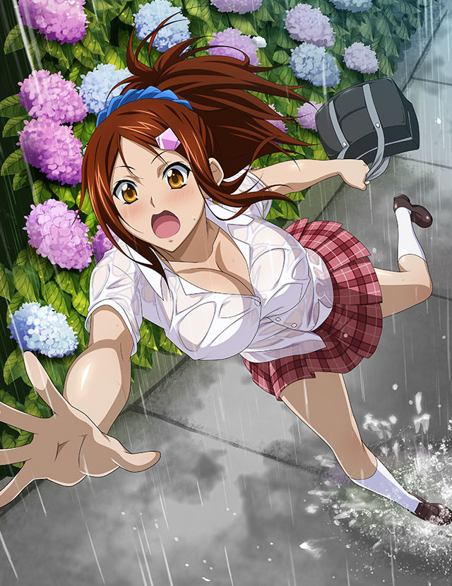 1girl bachou_mouki bag bangs blue_scrunchie blush breasts brown_eyes brown_footwear brown_hair cleavage collarbone collared_shirt dress_shirt falling floating_hair flower from_above hair_ornament hair_scrunchie holding holding_bag hydrangea ikkitousen large_breasts loafers long_hair miniskirt no_bra open_mouth outdoors outstretched_arm outstretched_hand parted_bangs plaid plaid_skirt pleated_skirt ponytail rain red_skirt school_bag school_uniform scrunchie shiny shiny_hair shirt shoes short_sleeves skirt socks solo sweatdrop wet wet_clothes wet_shirt white_shirt white_socks wing_collar