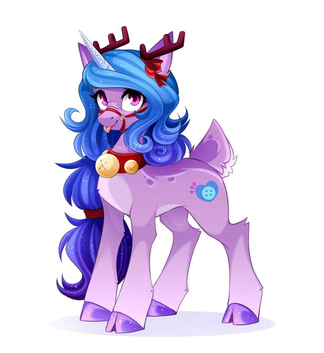 accessory alternate_species antlers blue_hair blue_mane buvanybu capreoline cervid cloven_hooves cutie_mark female feral fingers fur hair hair_accessory hasbro hi_res hooved_fingers hooves horn izzy_moonbow_(mlp) leg_tuft long_hair mammal mane mlp_g5 my_little_pony purple_body purple_eyes purple_fur purple_hooves reindeer ribbons scut_tail short_tail signature simple_background smile solo tongue tongue_out tuft unicorn_horn white_background