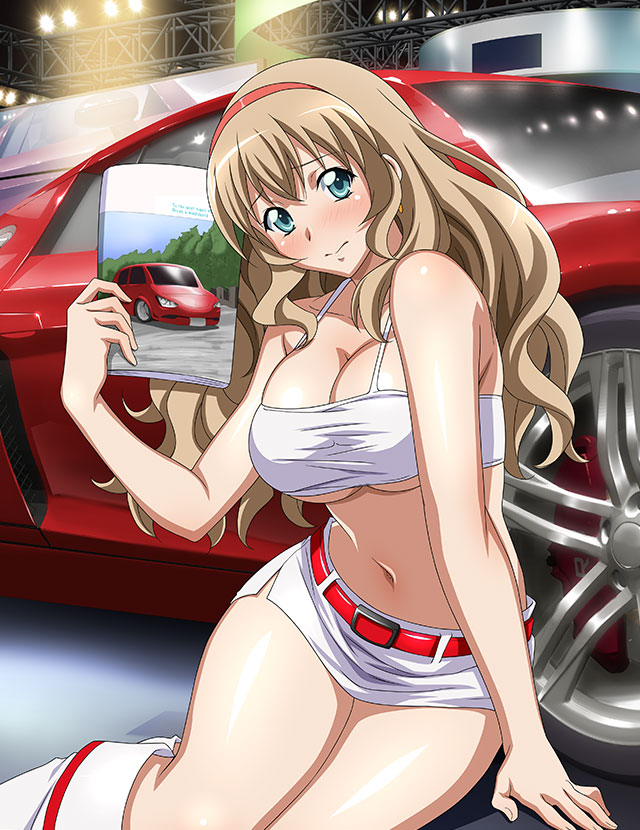 1girl bangs bare_arms belt belt_buckle blue_eyes blush boots bra breasts buckle car cleavage closed_mouth collarbone embarrassed ground_vehicle hair_between_eyes hairband holding ikkitousen indoors knee_boots large_breasts light_brown_hair long_hair looking_at_viewer microskirt midriff motor_vehicle navel pencil_skirt race_queen red_belt red_hairband shiny shiny_hair side_slit sitting skirt solo sonken_chuubou stomach underboob underwear very_long_hair white_bra white_footwear white_skirt