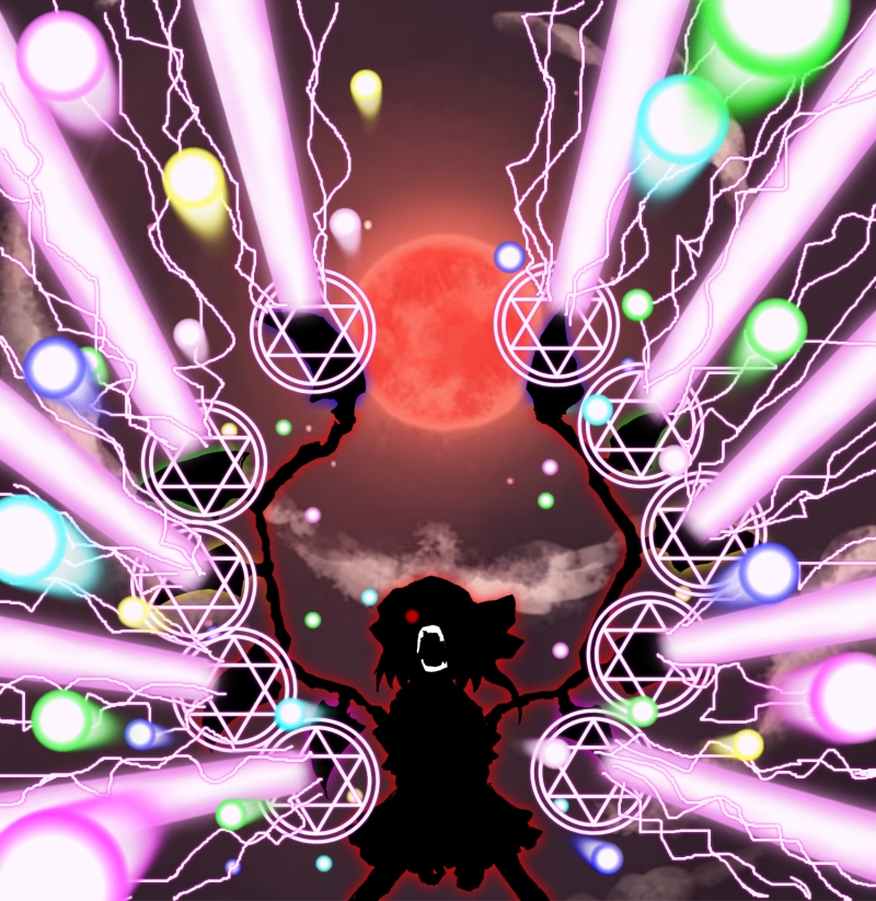 1girl artist_request aura cloud danmaku embodiment_of_scarlet_devil energy_ball energy_beam flandre_scarlet full_moon gem hexagram laser lightning moon night night_sky non-web_source open_mouth red_eyes red_moon screaming shaded_face shadow sharp_teeth silhouette sky source_request teeth touhou upper_teeth vampire wings