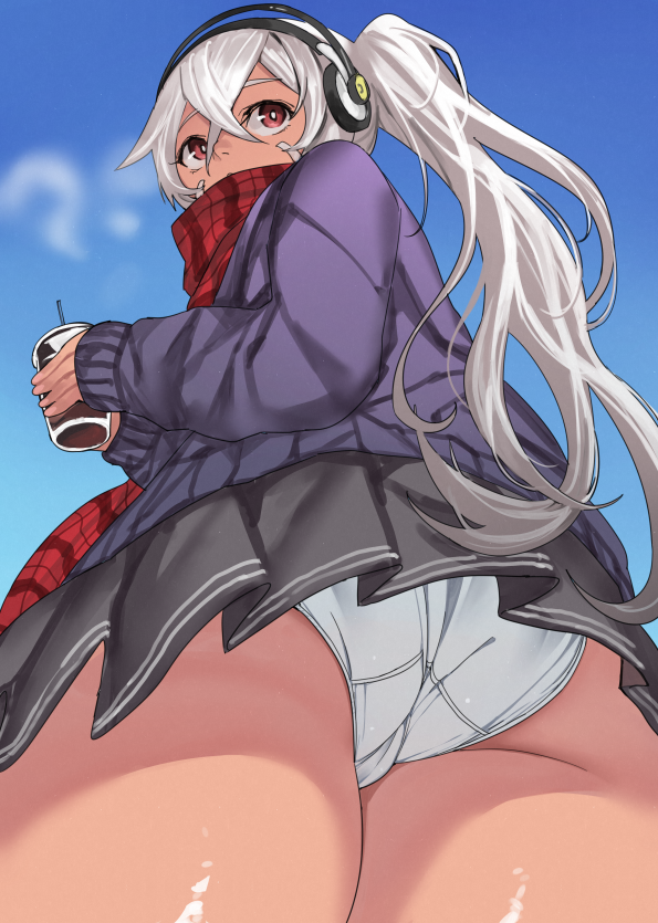 1girl ass ass_focus azur_lane bangs black_skirt blue_sky bright_pupils cardigan cloud coffee coffee_cup commentary_request cowboy_shot crossed_bangs cup dark-skinned_female dark_skin disposable_cup facepaint from_below hair_between_eyes headphones high_ponytail holding holding_cup long_hair looking_back miniskirt minneapolis_(azur_lane) minneapolis_(wild_huntress_schoolgirl)_(azur_lane) official_alternate_costume ootani_nonno paid_reward_available panties plaid plaid_scarf pleated_skirt purple_cardigan red_eyes red_scarf scarf shiny shiny_skin skirt sky solo underwear very_long_hair white_hair white_panties white_pupils