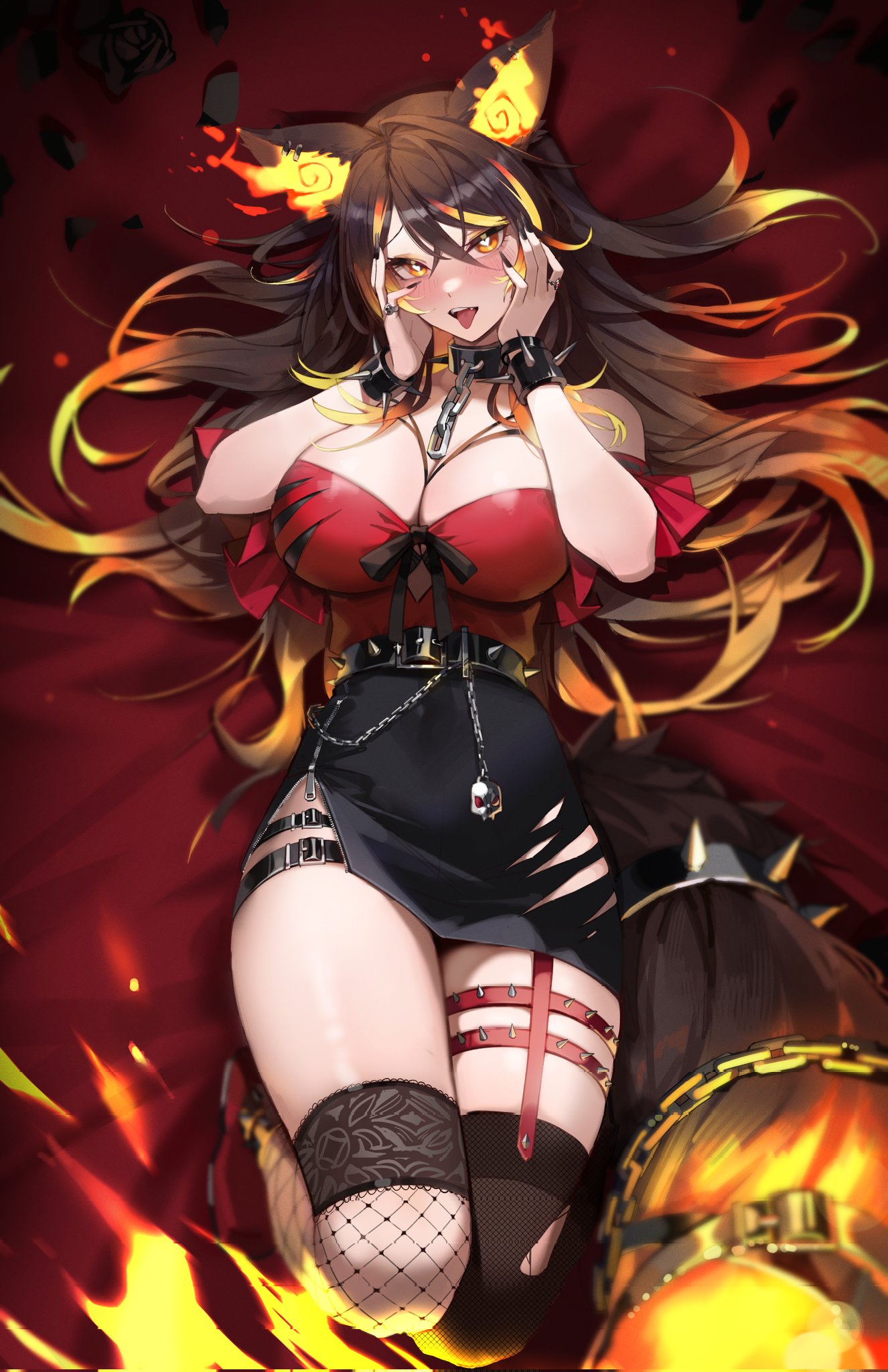 1girl animal_ears bangs belt black_belt black_bow black_skirt bow bracelet breasts brown_hair chain choker cleavage collar fire flame-tipped_tail hand_on_own_face heart heart-shaped_pupils highres indie_virtual_youtuber jewelry large_breasts legwear_garter looking_at_viewer maenoo multicolored_hair multicolored_tail off-shoulder_shirt off_shoulder open_mouth orange_tail red_hair shirt sinder_(vtuber) skirt solo spiked_belt spiked_bracelet spiked_choker spiked_collar spikes streaked_hair symbol-shaped_pupils tail thigh_belt thigh_strap thighhighs tongue tongue_out two-tone_hair wolf_ears wolf_girl wolf_tail yellow_eyes