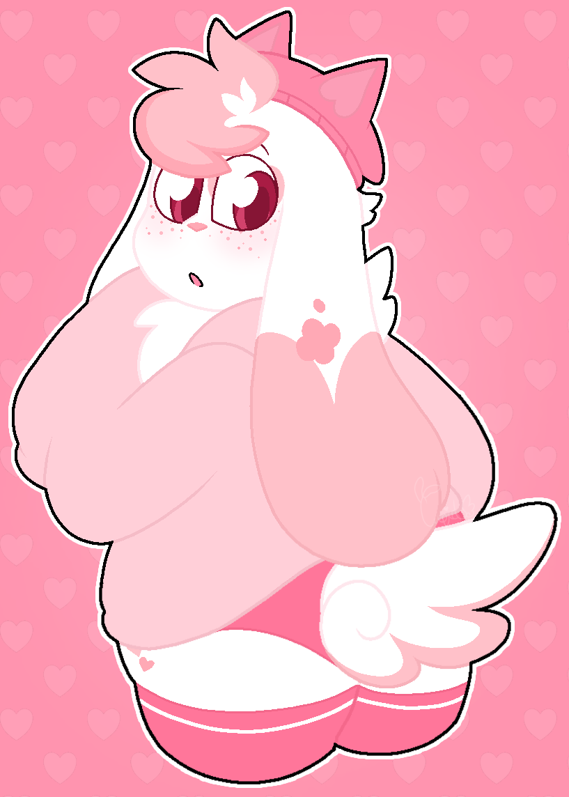 andromorph anthro beanie blush clothing cupid_(luvbunny) domestic_rabbit footwear hat headgear headwear hoodie intersex lagomorph legwear leporid looking_at_butt lop_rabbit luvbunny male mammal oryctolagus rabbit socks solo thick_thighs thigh_highs thigh_socks topwear underwear