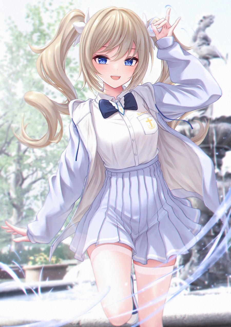 1girl :d alternate_costume arm_up bae.c bangs barbara_(genshin_impact) blonde_hair blue_bow blue_bowtie blue_eyes blue_footwear blurry blurry_background blush bow bowtie breasts buttons collared_shirt commentary cross_print drawstring dress_shirt drill_hair fountain fox_shadow_puppet genshin_impact grey_jacket grey_skirt happy high-waist_skirt highres hood hood_down hooded_jacket jacket leg_up long_hair long_sleeves looking_at_viewer medium_breasts necktie no_headwear open_clothes open_jacket open_mouth pleated_skirt school_uniform shirt shirt_tucked_in shoes short_necktie sidelocks skirt sleeves_past_wrists smile sneakers solo standing standing_on_one_leg thighhighs twin_drills two-tone_footwear water white_footwear white_shirt white_thighhighs zettai_ryouiki