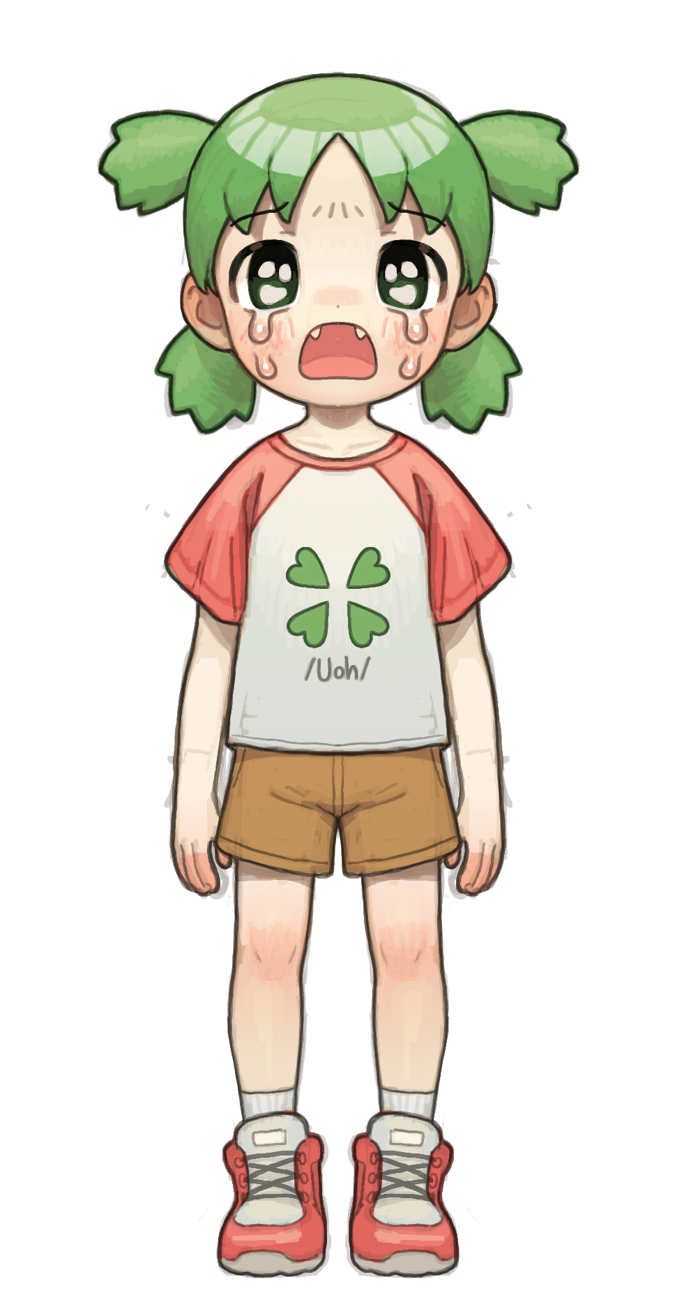 1girl 4chan brown_shorts child clover crying crying_with_eyes_open fangs female_child four-leaf_clover full_body green_eyes green_hair highres koiwai_yotsuba looking_at_viewer meme open_mouth opossumachine quad_tails shirt shoes short_hair short_sleeves shorts sneakers standing tears uohhhhhhhhh!_(meme) white_shirt yotsubato!