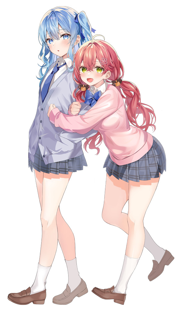 2girls :d ahoge bangs blue_bow blue_bowtie blue_cardigan blue_eyes blue_hair blue_necktie blush bow bowtie cardigan collared_shirt flower green_eyes hair_between_eyes hair_flower hair_ornament hair_ribbon hand_in_pocket hololive hoshimachi_suisei leaning_forward loafers long_hair looking_at_viewer miniskirt motsunuki multiple_girls necktie one_side_up parted_lips pink_sweater plaid plaid_skirt pleated_skirt red_hair ribbon sakura_miko shirt shoes simple_background skirt smile socks sweater twintails virtual_youtuber white_background white_shirt white_socks