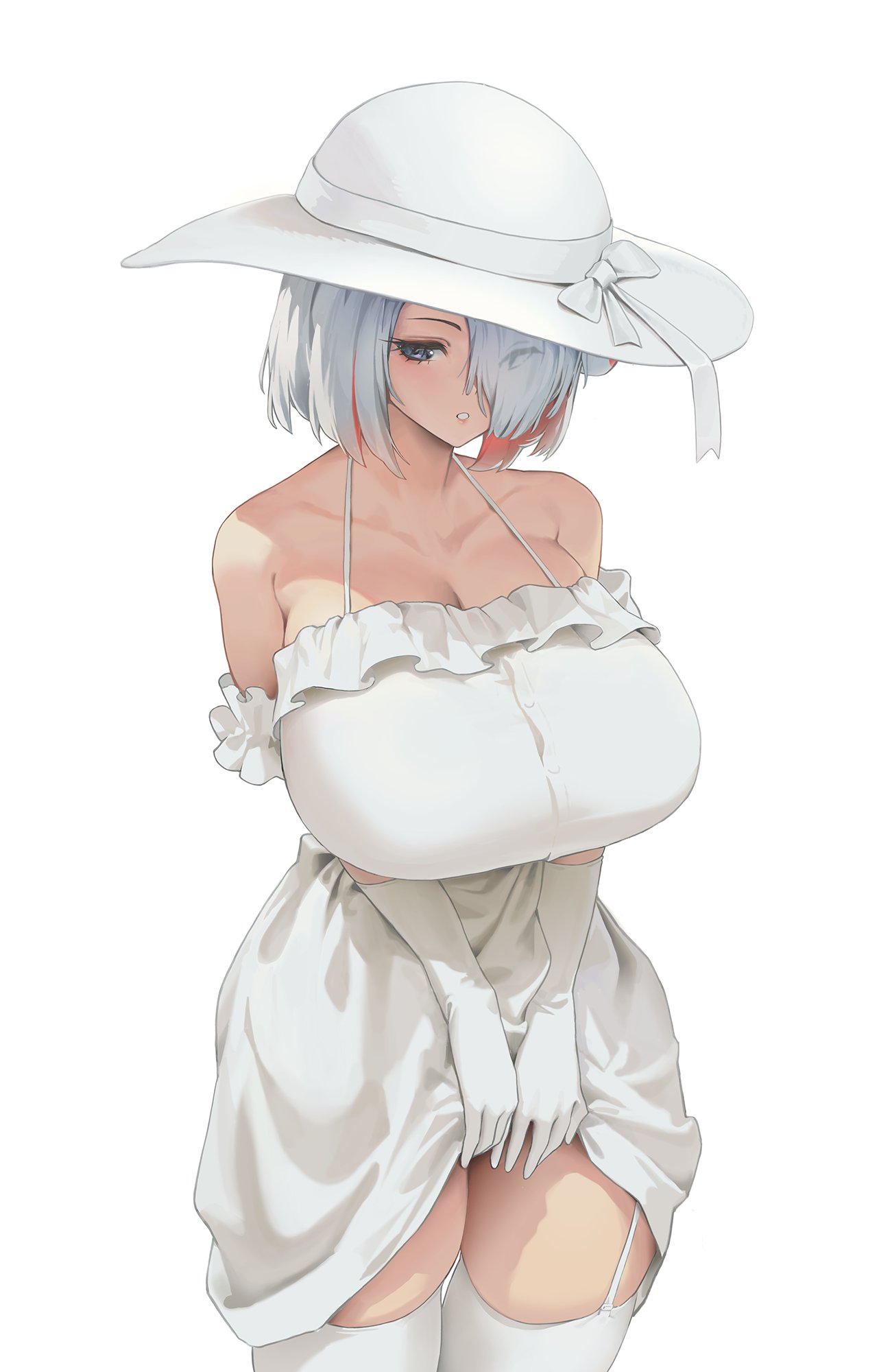 1girl bangs bare_shoulders blue_eyes bob_cut bow breasts cleavage clothes_lift collarbone cowboy_shot dress dress_lift eyelashes frills garter_straps gloves hair_over_one_eye hat hat_bow highres huge_breasts multicolored_hair original parted_lips red_hair short_hair skindentation sleeveless sleeveless_dress solo thick_thighs thighhighs thighs two-tone_hair white_background white_dress white_gloves white_hair white_headwear white_thighhighs wonchun