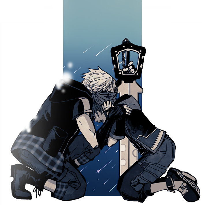 2boys black_footwear black_gloves black_hoodie blue_theme boots crying fingerless_gloves full_body gloves hair_between_eyes hand_on_another's_shoulder hands_on_own_head holding holding_weapon hood hood_down hoodie keyblade kingdom_hearts kingdom_hearts_ii kneeling male_focus multiple_boys open_mouth owlforkh plaid riku_(kingdom_hearts) shooting_star short_hair short_sleeves shorts sora_(kingdom_hearts) spiked_hair tears toned toned_male weapon yaoi