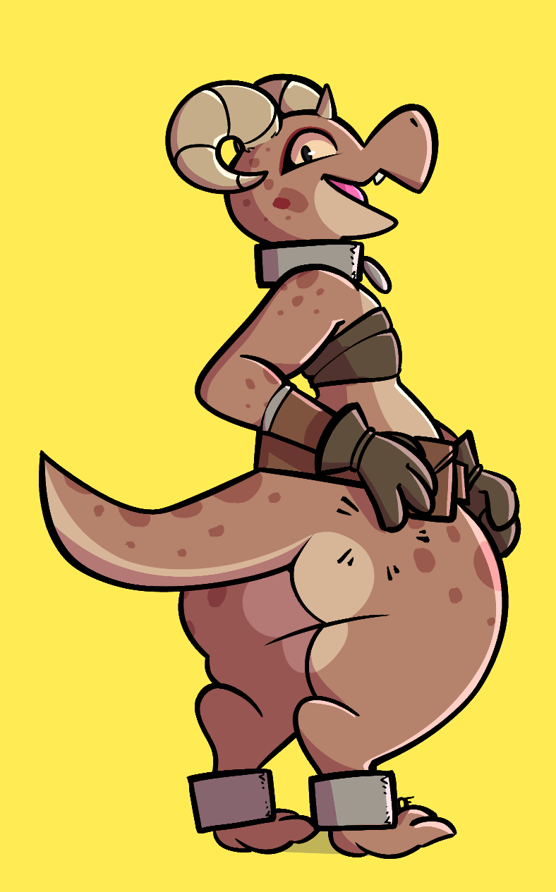 2018 anthro big_butt brown_body brown_clothing brown_scales brown_tail butt clothing collar dogfluid eyelashes fangs female gloves grey_clothing grey_eyes handwear hi_res horn horn_markings kobold looking_at_viewer markings open_mouth piko_(simplifypm) reptile scales scalie short_stack solo spots spotted_markings tan_body tan_scales tan_tail thick_thighs tongue topwear wide_hips