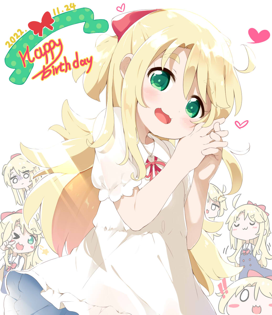 &gt;_o 1girl :3 :d bangs blonde_hair blue_dress blush blush_stickers bow chibi closed_eyes closed_mouth commentary_request dated dress green_eyes hair_bow hands_up happy_birthday highres himesaka_noa interlocked_fingers long_hair long_sleeves makuran multiple_views neck_ribbon notice_lines o_o one_eye_closed own_hands_together parted_bangs puffy_short_sleeves puffy_sleeves red_bow red_ribbon ribbon school_uniform shirt short_eyebrows short_sleeves simple_background smile thick_eyebrows turn_pale very_long_hair watashi_ni_tenshi_ga_maiorita! white_background white_dress white_shirt
