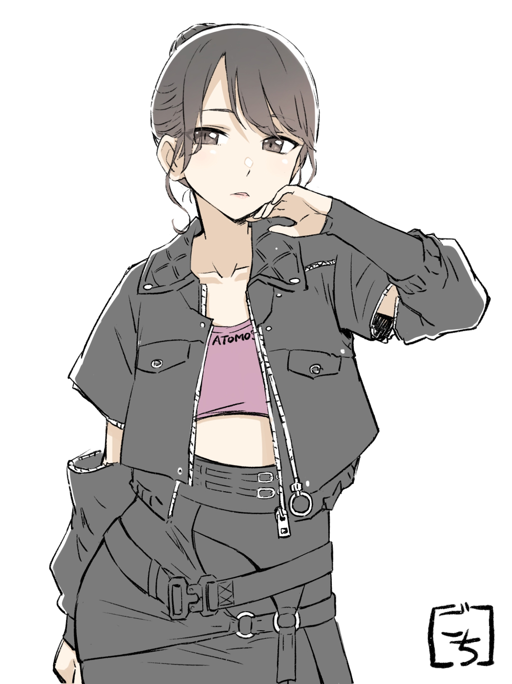 1girl arm_at_side artist_name bangs belt black_belt black_jacket black_skirt breast_pocket brown_eyes brown_hair clothes_writing collarbone commentary_request contrapposto cowboy_shot crop_top detached_sleeves gochisousama_(tanin050) hair_bun hand_on_own_cheek hand_on_own_face hand_up high-waist_skirt highres idol jacket layered_sleeves looking_at_viewer midriff multiple_belts o-ring_belt open_clothes open_jacket parted_lips pencil_skirt pink_shirt pocket real_life shimizu_rin shirt short_hair short_sleeves simple_background single_hair_bun skirt sleeves_past_wrists solo standing swept_bangs unzipped white_background wide_sleeves zipper zipper_pull_tab