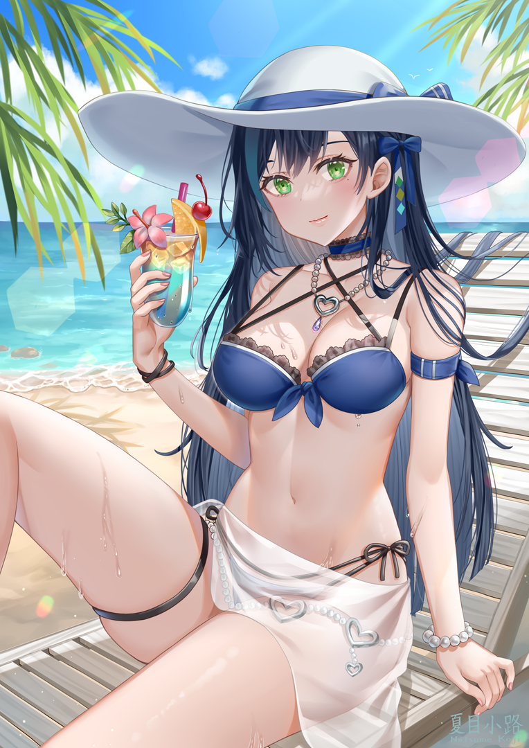 1girl arm_strap bare_shoulders beach bead_bracelet bead_necklace beads bikini black_hair blue_bikini blue_choker bracelet breasts chair choker cleavage closed_mouth day frilled_bikini frills front-tie_bikini_top front-tie_top green_eyes hand_up hat holding jewelry knee_up large_breasts lin_(tower_of_fantasy) long_hair looking_at_viewer lounge_chair mole mole_under_eye multi-strapped_bikini multicolored_hair natsume_koji navel necklace outdoors sarong see-through side-tie_bikini_bottom sitting skindentation smile solo stomach strap_gap streaked_hair string_bikini sun_hat swimsuit thigh_strap thighs tower_of_fantasy very_long_hair wet white_headwear