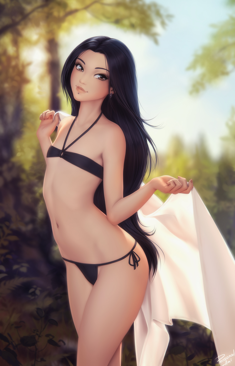 1girl artist_name bare_arms bare_shoulders bikini black_bikini black_hair breasts brown_eyes collarbone commentary cowboy_shot day earrings flat_chest grass highres holding holding_towel jewelry light_smile lip_piercing long_hair looking_at_viewer nature navel o-ring o-ring_bikini original outdoors personal_ami piercing side-tie_bikini_bottom solo stomach swimsuit thighs towel tree very_long_hair