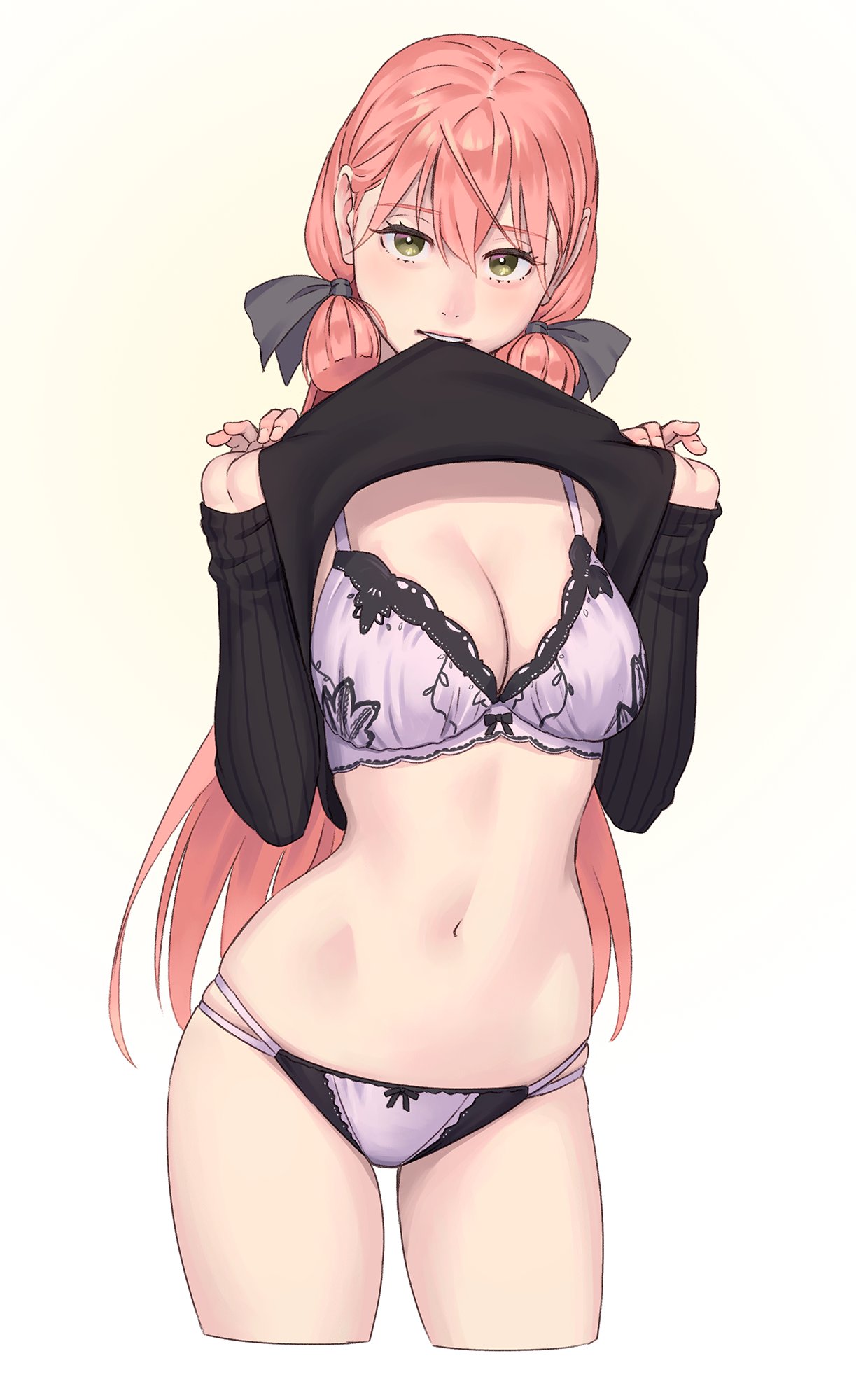 1girl akashi_(kancolle) blush bra breasts cleavage clothes_lift cowboy_shot cropped_legs gradient gradient_background green_eyes hair_ribbon highres kantai_collection lace-trimmed_bra lace_trim large_breasts lingerie long_hair long_sleeves looking_at_viewer mouth_hold multi-strapped_panties navel no_pants panties pink_bra pink_hair pink_panties ribbon solo sweater sweater_lift underwear yuuji_(and)