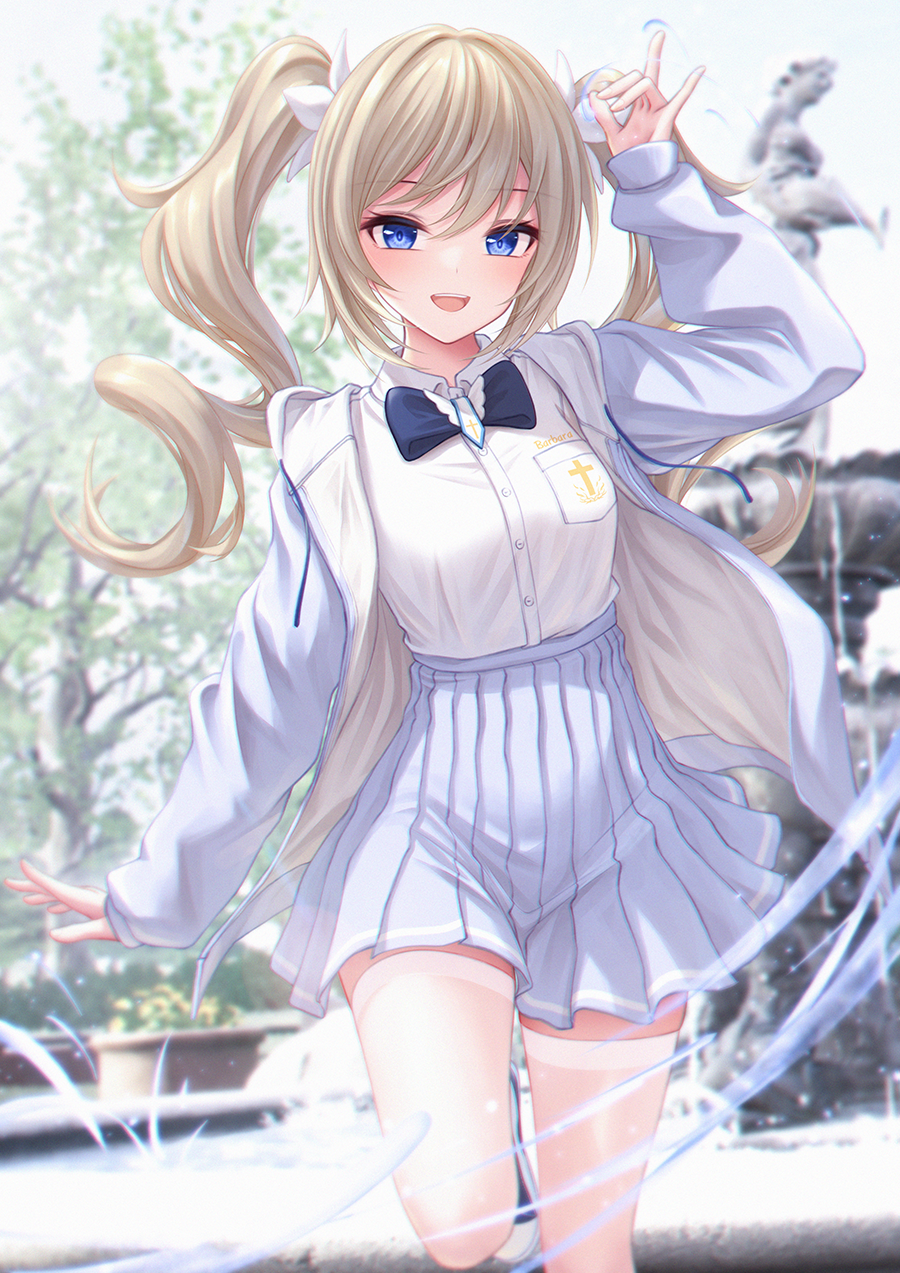 1girl :d alternate_costume arm_up bae.c bangs barbara_(genshin_impact) blonde_hair blue_bow blue_bowtie blue_eyes blue_footwear blurry blurry_background blush bow bowtie breasts buttons collared_shirt cross_print drawstring dress_shirt drill_hair fountain fox_shadow_puppet genshin_impact grey_jacket grey_skirt happy high-waist_skirt highres hood hood_down hooded_jacket jacket leg_up long_hair long_sleeves looking_at_viewer medium_breasts necktie no_headwear open_clothes open_jacket open_mouth pleated_skirt school_uniform shirt shirt_tucked_in shoes short_necktie sidelocks skirt sleeves_past_wrists smile sneakers solo standing standing_on_one_leg thighhighs twin_drills two-tone_footwear water white_footwear white_shirt white_thighhighs zettai_ryouiki