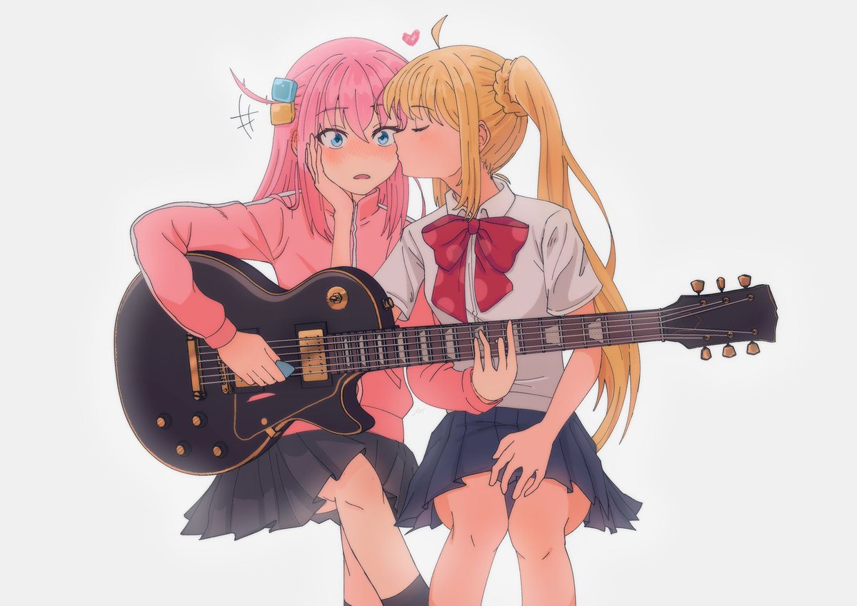 2girls ahoge bangs black_skirt black_socks blonde_hair blue_eyes blue_skirt blush bocchi_the_rock! bow bowtie closed_eyes collared_shirt commentary_request crossed_bangs crossed_legs electric_guitar foxtrot_(foxtrotfridays) gibson_les_paul gotou_hitori guitar hair_cubes hair_ornament hand_on_another's_cheek hand_on_another's_face heart holding holding_instrument ijichi_nijika instrument invisible_chair jacket kiss kissing_cheek long_hair long_sleeves multiple_girls one_side_up pink_hair pink_jacket pleated_skirt plectrum polka_dot polka_dot_bow red_bow red_bowtie school_uniform shirt short_sleeves side_ponytail simple_background sitting skirt socks surprise_kiss surprised track_jacket white_background white_shirt yuri