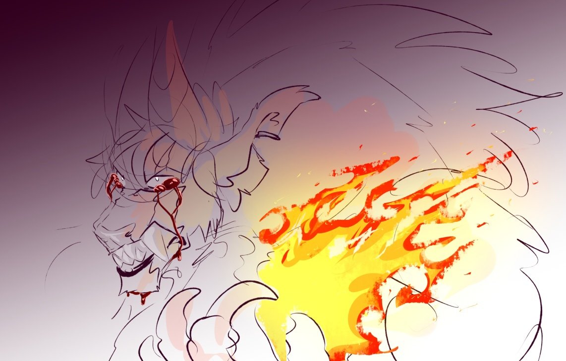 ambiguous_gender anthro blood blood_from_eye bodily_fluids bust_portrait cheek_tuft claws elemental_manipulation facial_tuft fire fire_manipulation horn kardinaluz partially_colored portrait shadowwolfhunter simple_background sketch solo teeth tuft unsigned whiskers