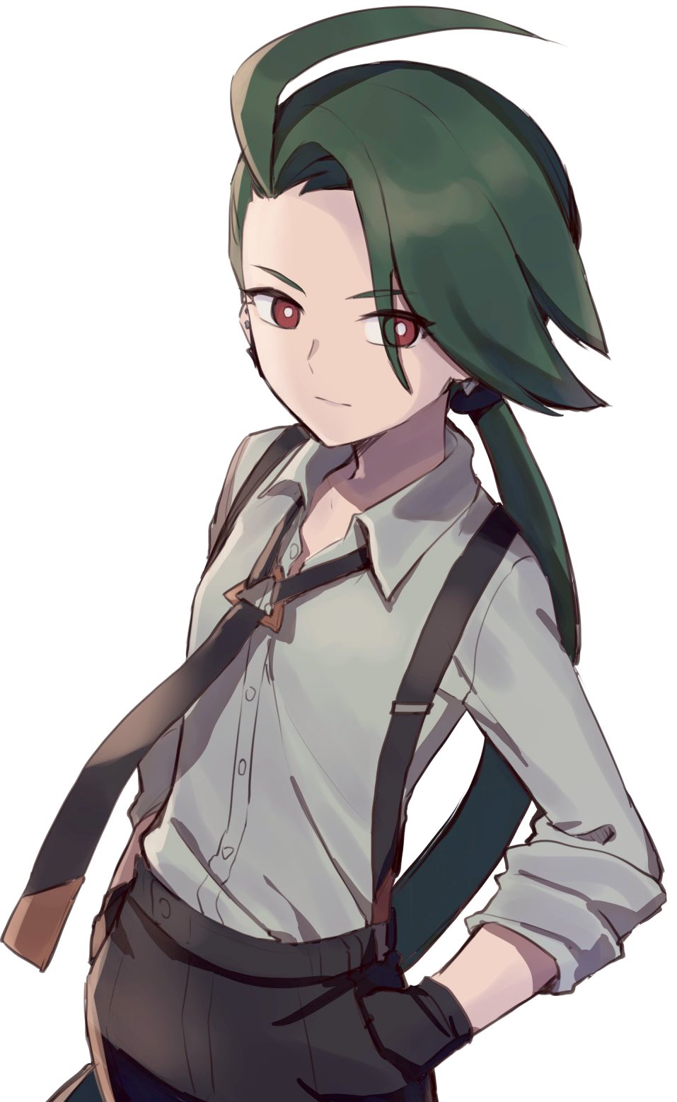 1girl ahoge black_gloves black_necktie black_pants bright_pupils buttons closed_mouth collared_shirt cowboy_shot dark_green_hair dress_shirt ear_piercing eyes_visible_through_hair flat_chest formal gloves green_hair grey_shirt hands_in_pockets highres huge_ahoge iczdb long_hair necktie pants piercing pocket pokemon pokemon_(game) pokemon_sv ponytail red_eyes rika_(pokemon) shirt simple_background single_hair_intake sleeves_rolled_up solo suspenders very_long_hair white_background white_pupils