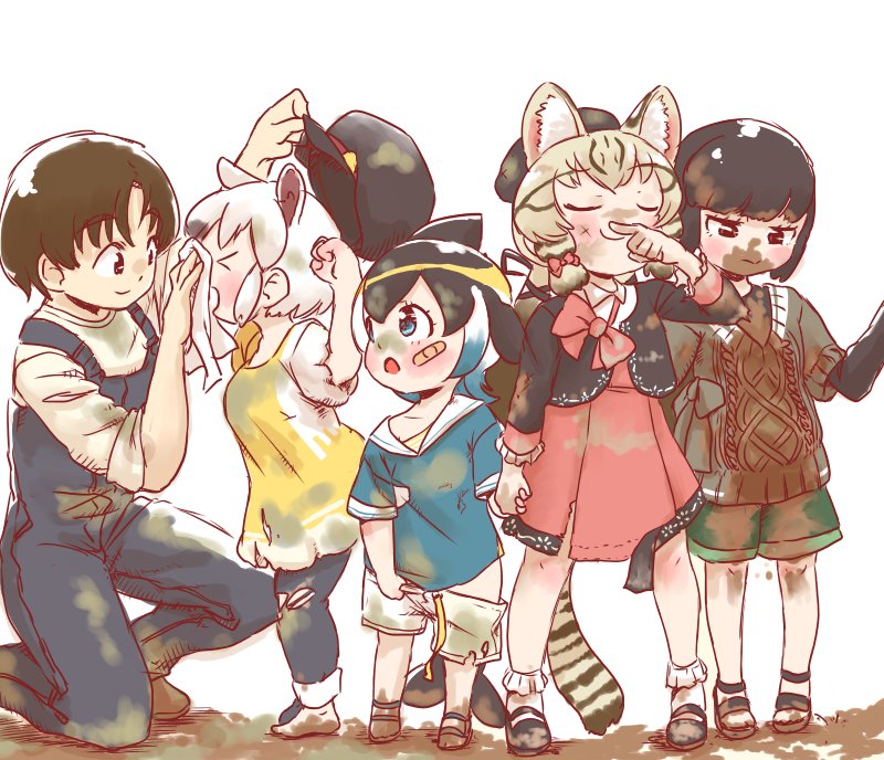&gt;_&lt; 1boy 4girls adelie_penguin_(kemono_friends) aged_down alternate_costume animal_ears animal_print anteater_ears anteater_tail bandaid bandaid_on_face black_footwear black_hair black_jacket blonde_hair blowhole blue_eyes blue_hair blue_pants blue_shirt blush bow brown_hair captain_(kemono_friends) casual cat_ears cat_girl cat_print cat_tail cetacean_tail child closed_eyes common_dolphin_(kemono_friends) dirt dirty dirty_clothes dirty_face dolphin_girl dorsal_fin dress extra_ears geoffroy's_cat_(kemono_friends) green_shorts grey_shorts grey_sweater hair_bow jacket kemono_friends maki_(02uh14l1b740ao2) mud multicolored_hair multiple_girls official_alternate_costume open_clothes open_jacket overalls pants penguin_girl red_dress red_eyes sailor_collar sandals shirt short_hair short_sleeves shorts sleeves_rolled_up southern_tamandua_(kemono_friends) sweater t-shirt tail twintails white_hair wiping_face yellow_shirt