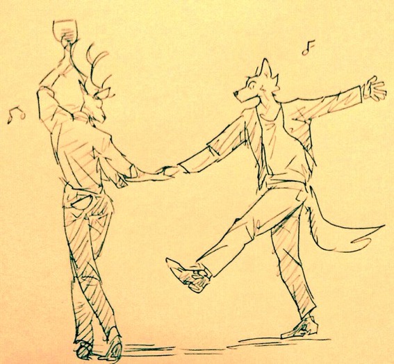 anthro antlers beastars canid canine canis cervid clothed clothing dancing duo eyes_closed fully_clothed horn legoshi_(beastars) louis_(beastars) male male/male mammal music musical_note paper teaching wuffinarts