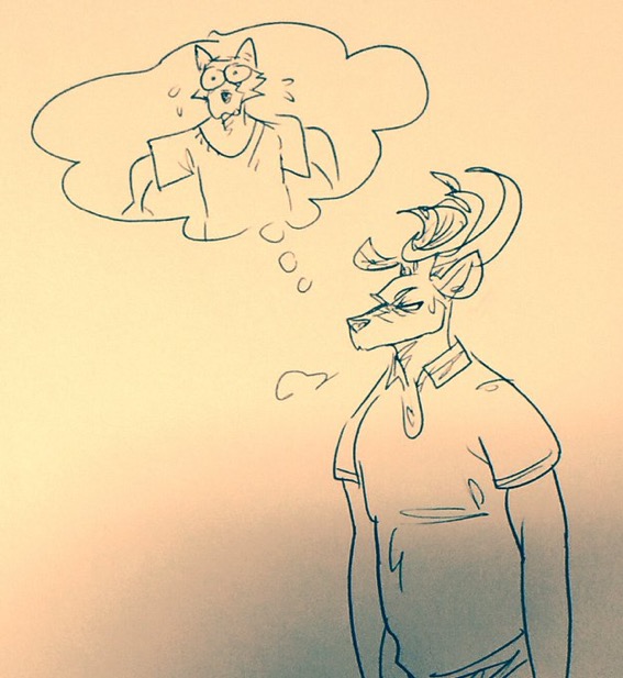 anthro antlers beastars blush bodily_fluids canid canine canis cervid clothed clothing duo fully_clothed horn legoshi_(beastars) louis_(beastars) male male/male mammal narrowed_eyes sigh sweat thinking thinking_about_another thought_bubble wuffinarts