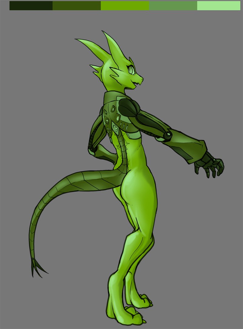 2022 anthro butt claws color_swatch cybernetic_arm cybernetic_limb cybernetic_tail cybernetics cyborg feet female kobold looking_at_viewer looking_back looking_back_at_viewer machine nude restricted_palette robcivecat ruste_(w4g4) scalie solo standing toe_claws toes