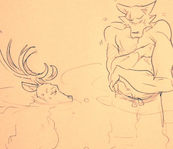 anthro antlers beastars bubble canid canine canis cervid clothing duo eyes_closed half-closed_eyes horn legoshi_(beastars) louis_(beastars) male male/male mammal narrowed_eyes partially_submerged ripples shaking shivering swimming swimwear wuffinarts