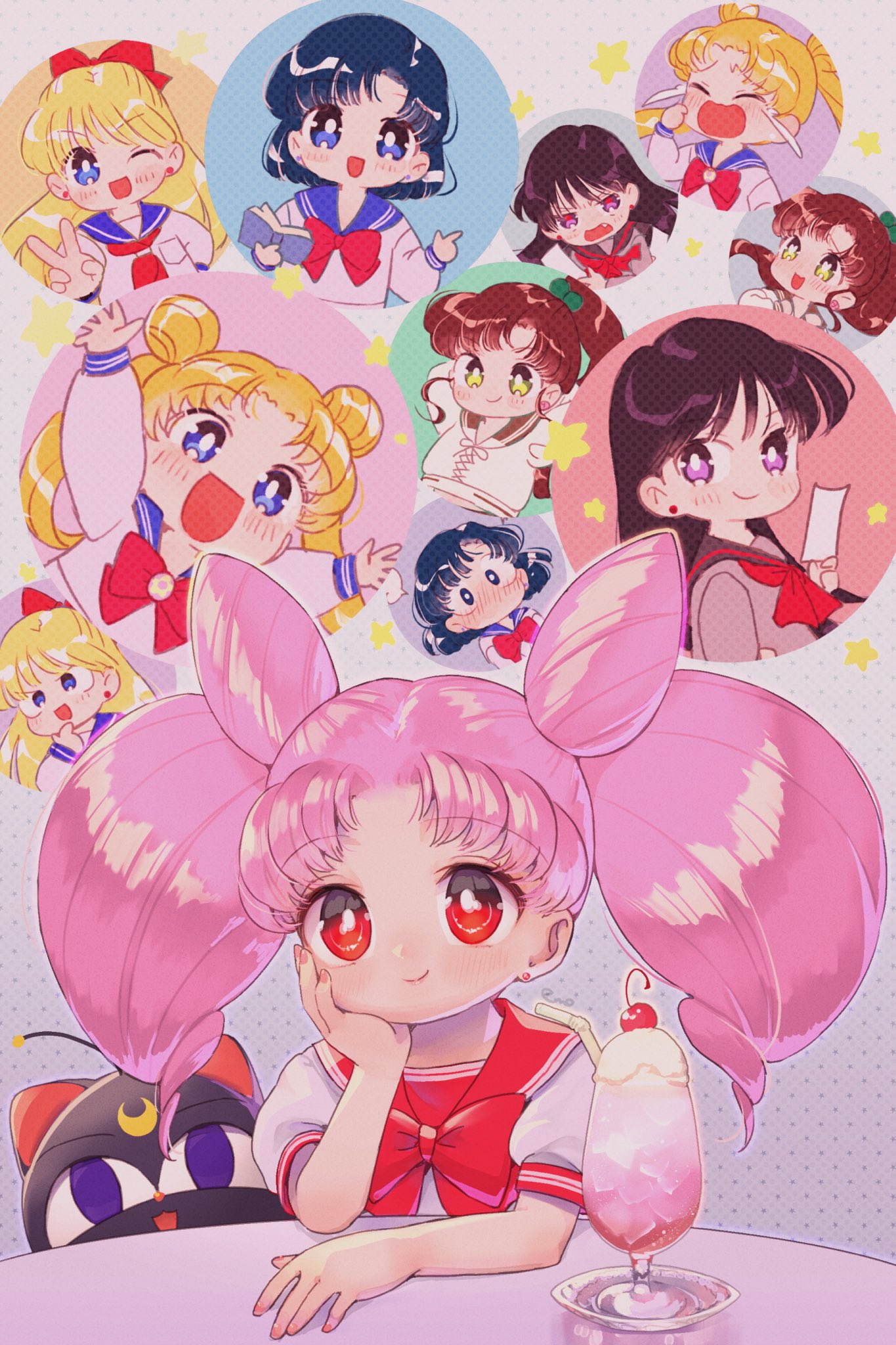 bangs bishoujo_senshi_sailor_moon black_hair blue_eyes blue_hair blue_sailor_collar bow bowtie brown_hair chibi chibi_usa cone_hair_bun double_bun food green_eyes grey_sailor_collar grey_shirt hair_bun highres hino_rei ice_cream juuban_middle_school_uniform kino_makoto kino_makoto's_school_uniform long_hair long_sleeves luna-p mizuno_ami multiple_girls parted_bangs pink_hair ponytail puffy_short_sleeves puffy_sleeves purple_eyes red_bow red_bowtie red_eyes red_sailor_collar sailor_collar school_uniform serafuku shirt short_hair short_sleeves short_twintails sidelocks swept_bangs ta_girls_school_uniform table tsukino_usagi twintails very_long_hair white_shirt yyemoyy