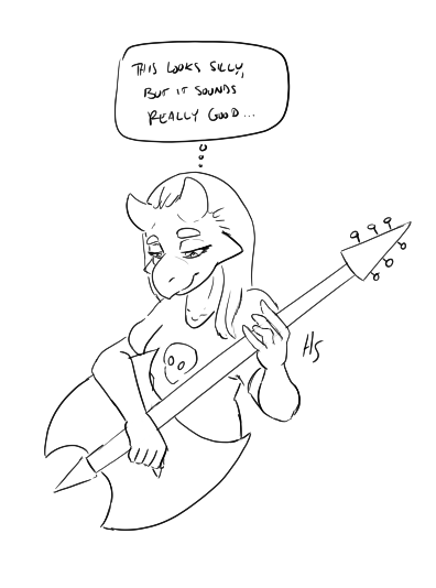 anthro babs_(gvh) clothed clothing dinosaur english_text female goodbye_volcano_high guitar hair half-closed_eyes heartsick horn long_hair monochrome musical_instrument narrowed_eyes plucked_string_instrument reptile scalie sketch snoot_game_(fan_game) snout solo string_instrument text thought_bubble