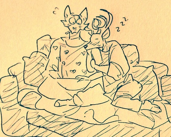 anthro beastars bedding blush bodily_fluids canid canine canis cervid clothing crossed_legs cuddling duo head_on_shoulder holding_arm leaning_on_another legoshi_(beastars) louis_(beastars) male male/male mammal pajamas pillow sleeping sweat wolf wuffinarts