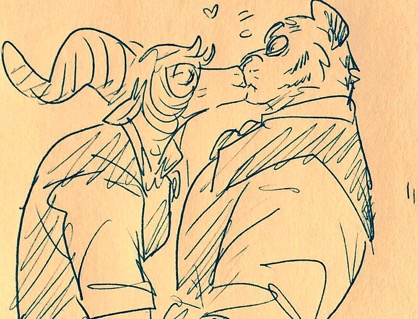 &lt;3 anthro beastars bill_(beastars) blush bovid caprine clothed clothing dall_sheep duo eyes_closed felid fully_clothed kissing low_res male male/male mammal pantherine pina_(beastars) sheep surprise surprise_kiss surprised_expression tiger wuffinarts