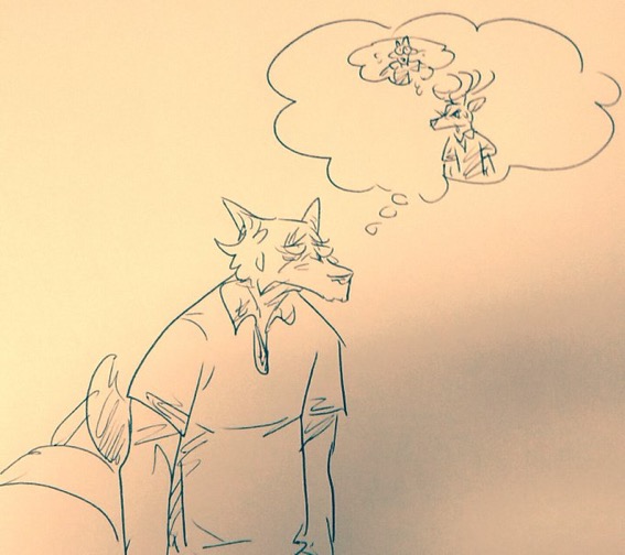 angry angry_eyes anthro beastars blush bodily_fluids canid canine canis cervid clothed clothing duo fully_clothed half-closed_eyes legoshi_(beastars) louis_(beastars) male male/male mammal narrowed_eyes sweat tail_motion tailwag thinking thinking_about_another thought_bubble wuffinarts